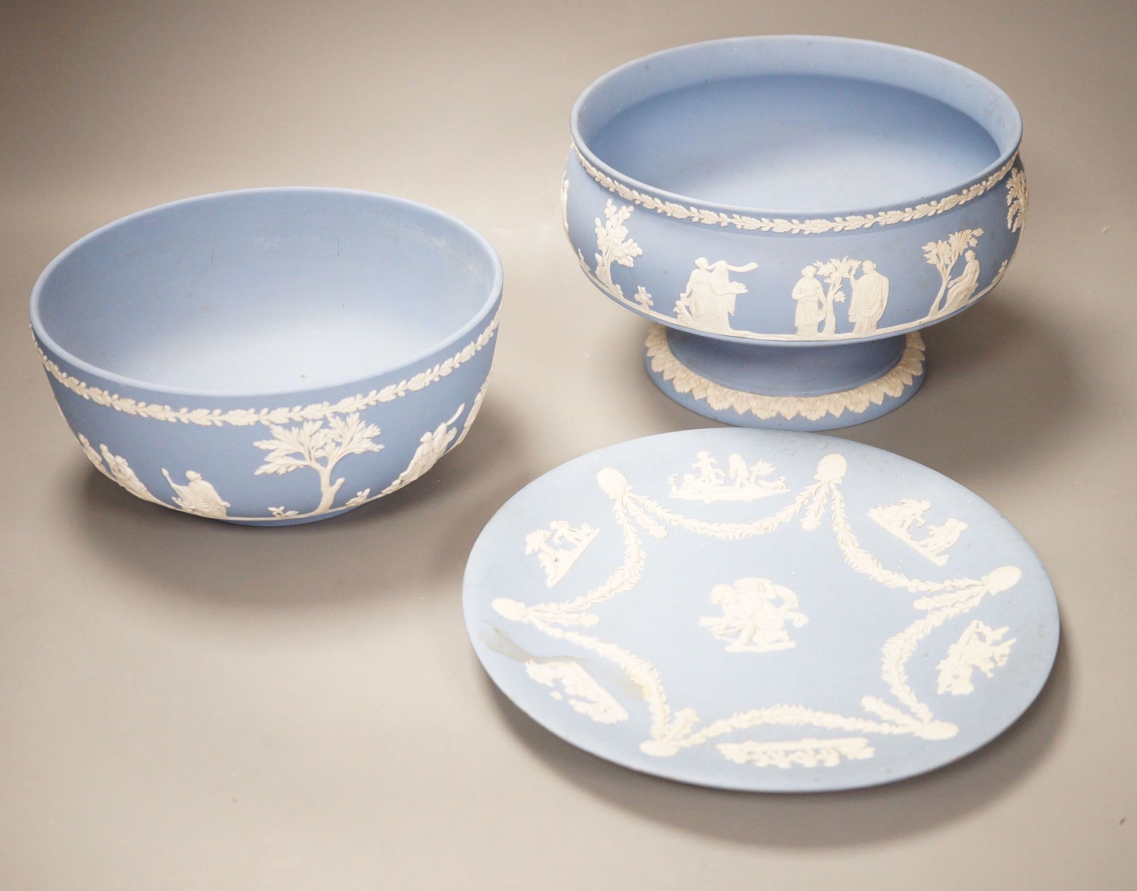 A Wedgwood blue jasper dish, bowl and footed bowl